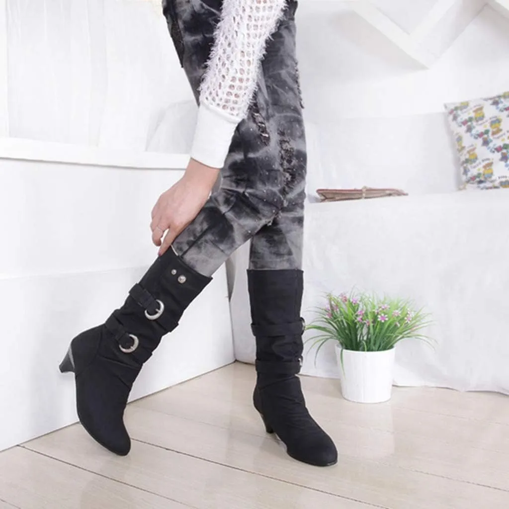 MIOKE Women's Winter Buckle Mid Calf Boots Round Toe Pull On Wide Width Kitten Low Heel Warm Slouch Boots