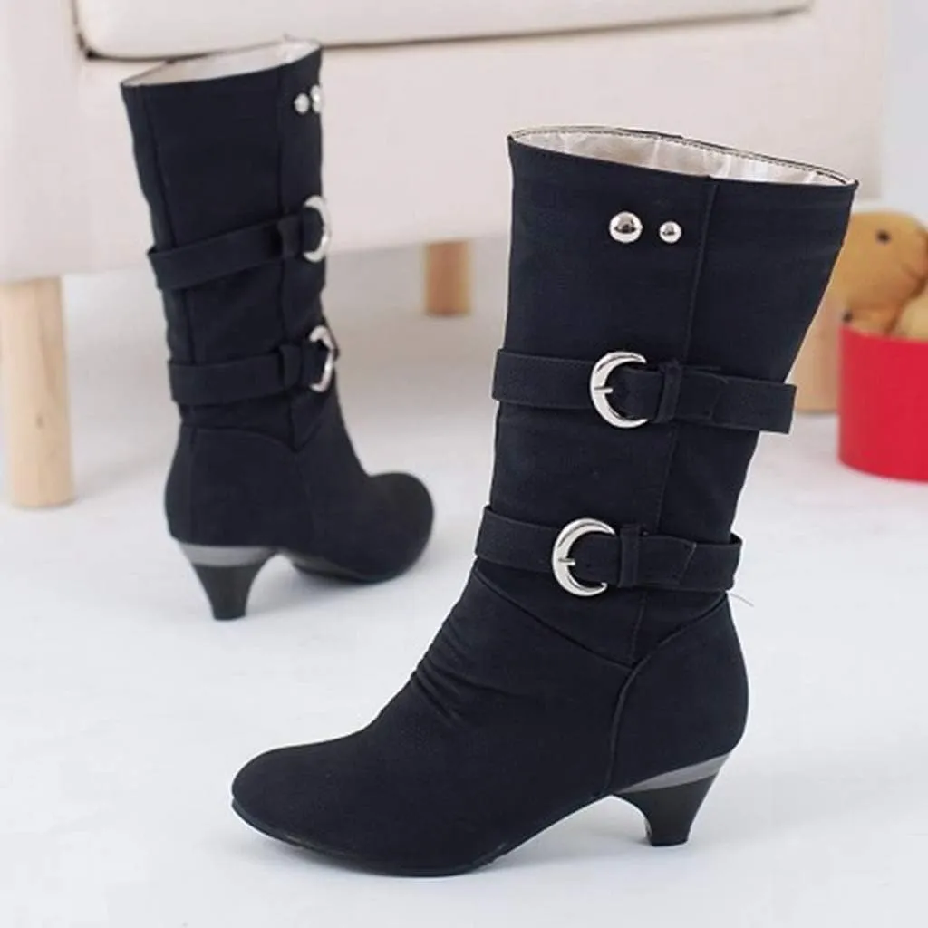 MIOKE Women's Winter Buckle Mid Calf Boots Round Toe Pull On Wide Width Kitten Low Heel Warm Slouch Boots