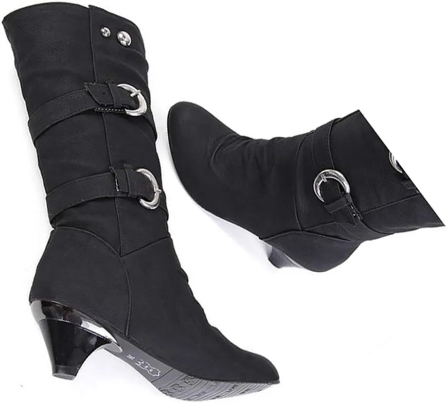MIOKE Women's Winter Buckle Mid Calf Boots Round Toe Pull On Wide Width Kitten Low Heel Warm Slouch Boots
