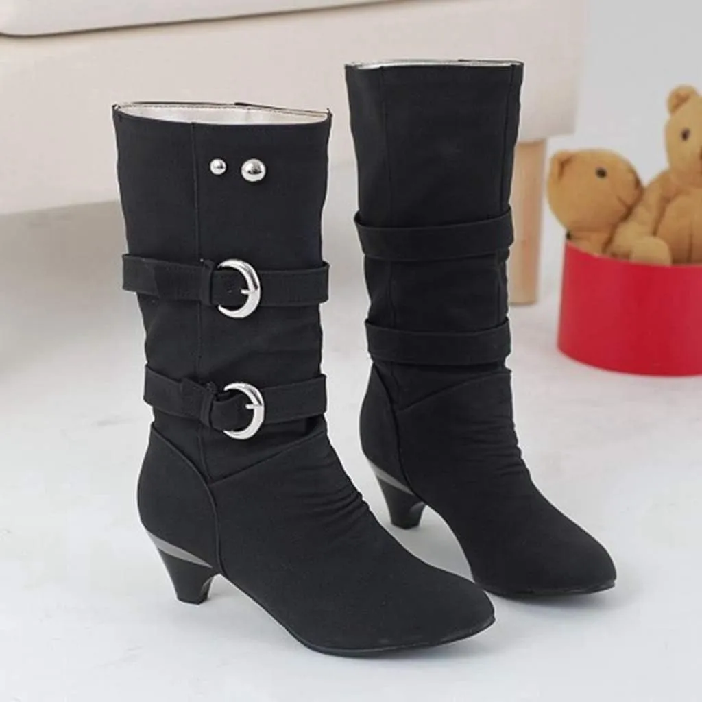 MIOKE Women's Winter Buckle Mid Calf Boots Round Toe Pull On Wide Width Kitten Low Heel Warm Slouch Boots