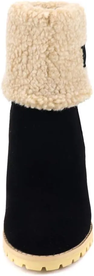 MIOKE Women's Winter Fur Ankle Boots Suede Round Toe Platform Chunky Block High Heel Warm Snow Short Booties
