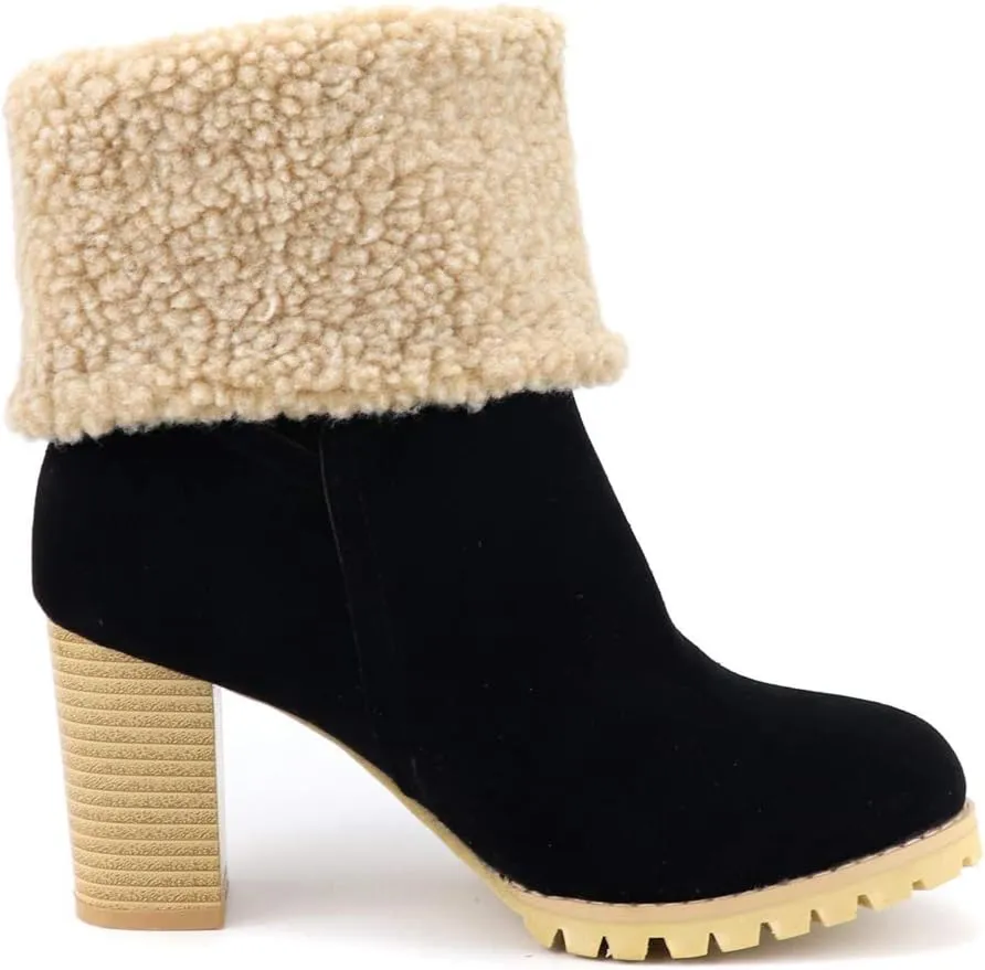 MIOKE Women's Winter Fur Ankle Boots Suede Round Toe Platform Chunky Block High Heel Warm Snow Short Booties