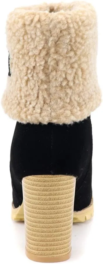 MIOKE Women's Winter Fur Ankle Boots Suede Round Toe Platform Chunky Block High Heel Warm Snow Short Booties