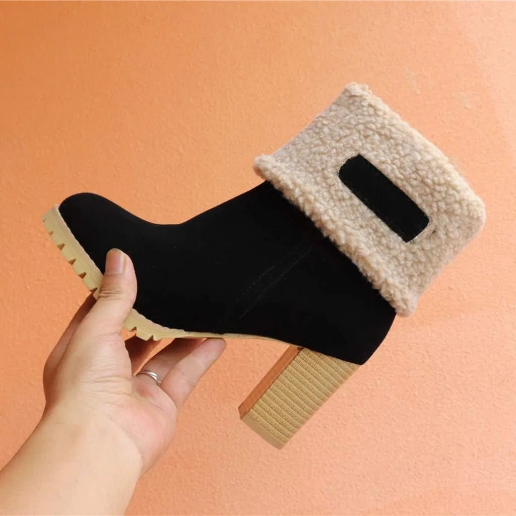 MIOKE Women's Winter Fur Ankle Boots Suede Round Toe Platform Chunky Block High Heel Warm Snow Short Booties