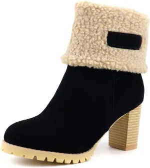 MIOKE Women's Winter Fur Ankle Boots Suede Round Toe Platform Chunky Block High Heel Warm Snow Short Booties