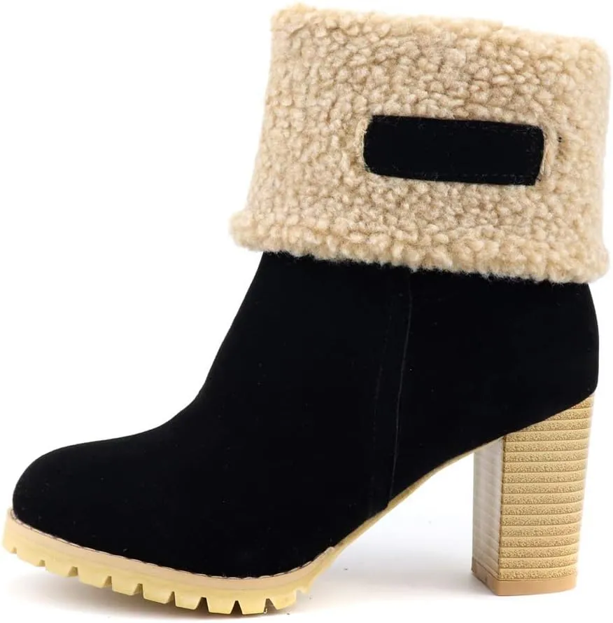 MIOKE Women's Winter Fur Ankle Boots Suede Round Toe Platform Chunky Block High Heel Warm Snow Short Booties