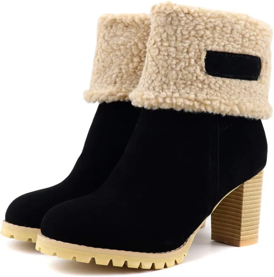 MIOKE Women's Winter Fur Ankle Boots Suede Round Toe Platform Chunky Block High Heel Warm Snow Short Booties