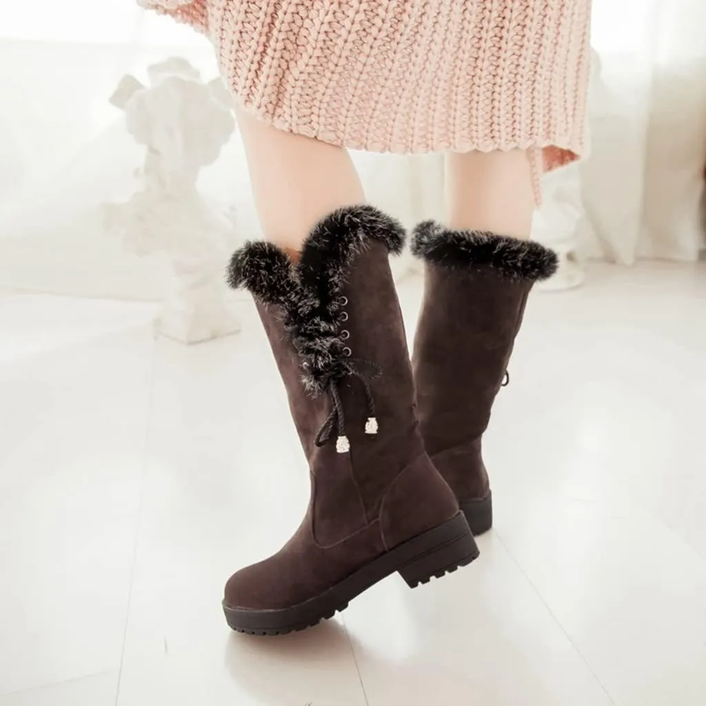 MIOKE Women's Winter Fur Mid Calf Snow Boots Waterproof Suede Buckle Slip On Platform Wide Warm Snow Boot
