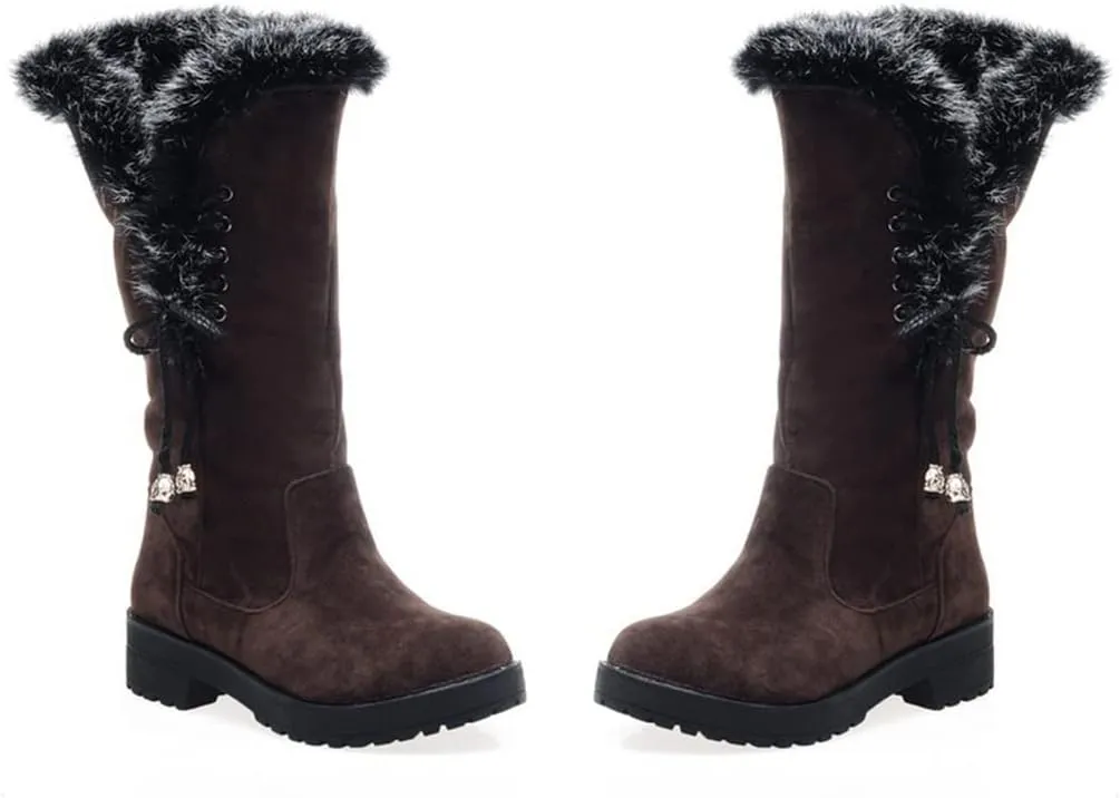 MIOKE Women's Winter Fur Mid Calf Snow Boots Waterproof Suede Buckle Slip On Platform Wide Warm Snow Boot