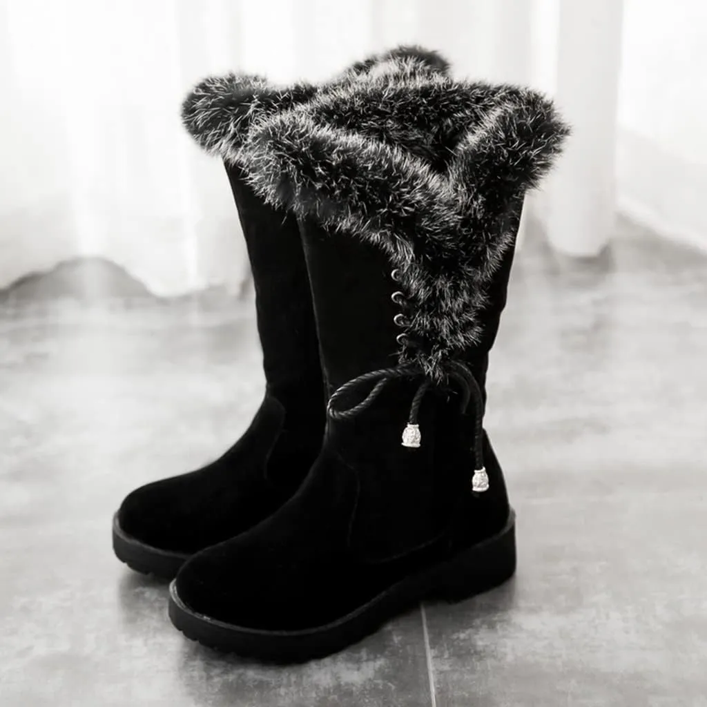 MIOKE Women's Winter Fur Mid Calf Snow Boots Waterproof Suede Buckle Slip On Platform Wide Warm Snow Boot