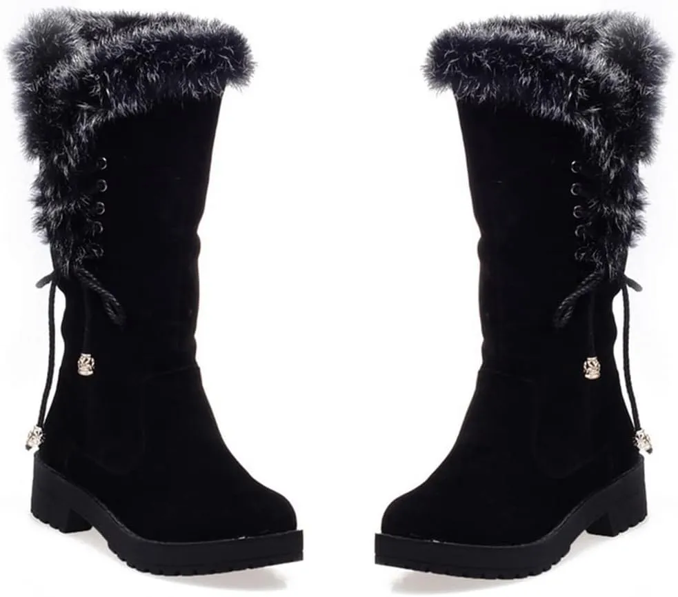MIOKE Women's Winter Fur Mid Calf Snow Boots Waterproof Suede Buckle Slip On Platform Wide Warm Snow Boot
