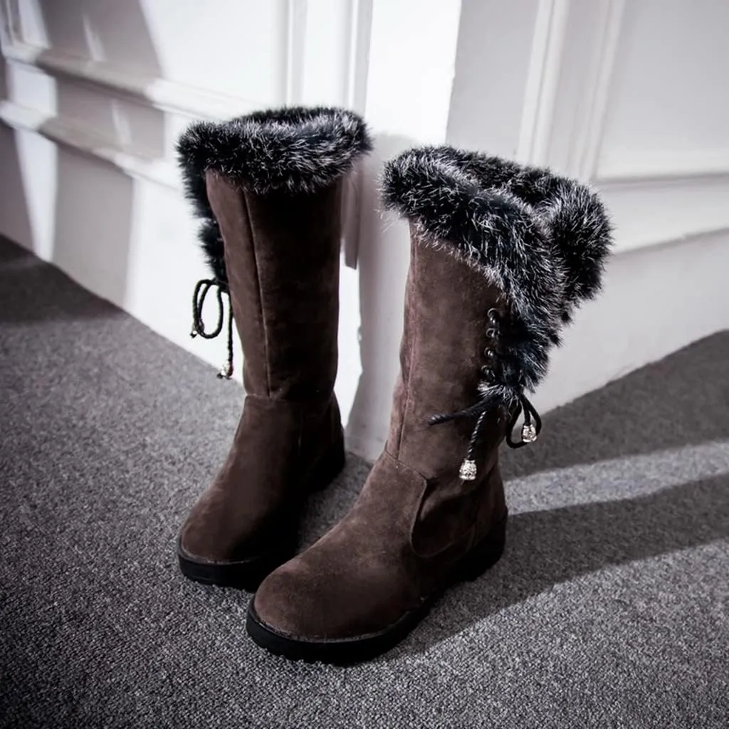 MIOKE Women's Winter Fur Mid Calf Snow Boots Waterproof Suede Buckle Slip On Platform Wide Warm Snow Boot
