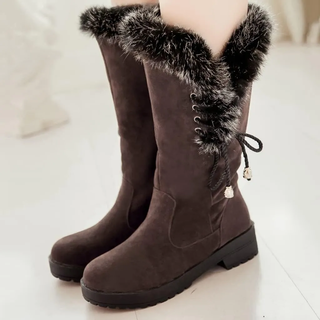 MIOKE Women's Winter Fur Mid Calf Snow Boots Waterproof Suede Buckle Slip On Platform Wide Warm Snow Boot