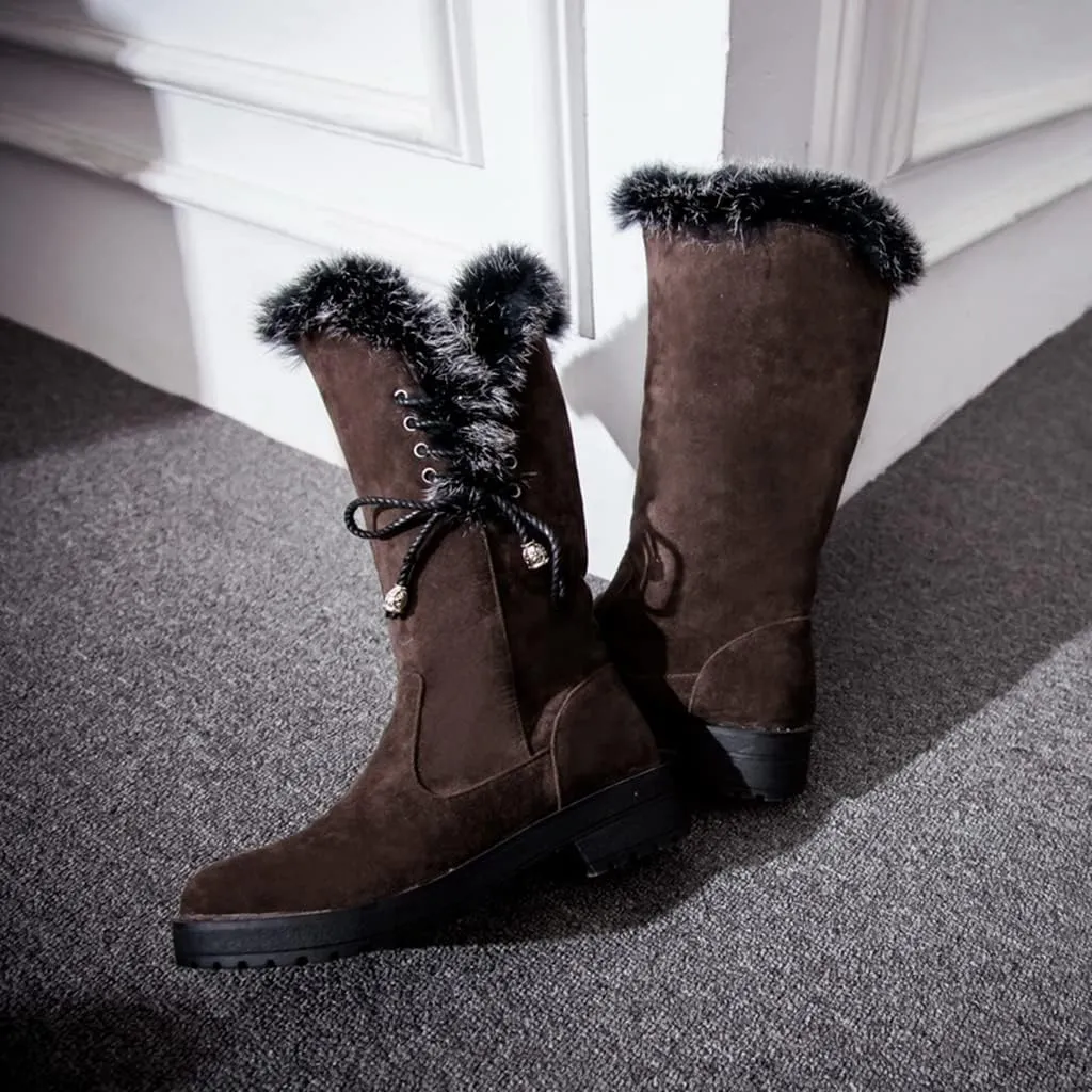 MIOKE Women's Winter Fur Mid Calf Snow Boots Waterproof Suede Buckle Slip On Platform Wide Warm Snow Boot
