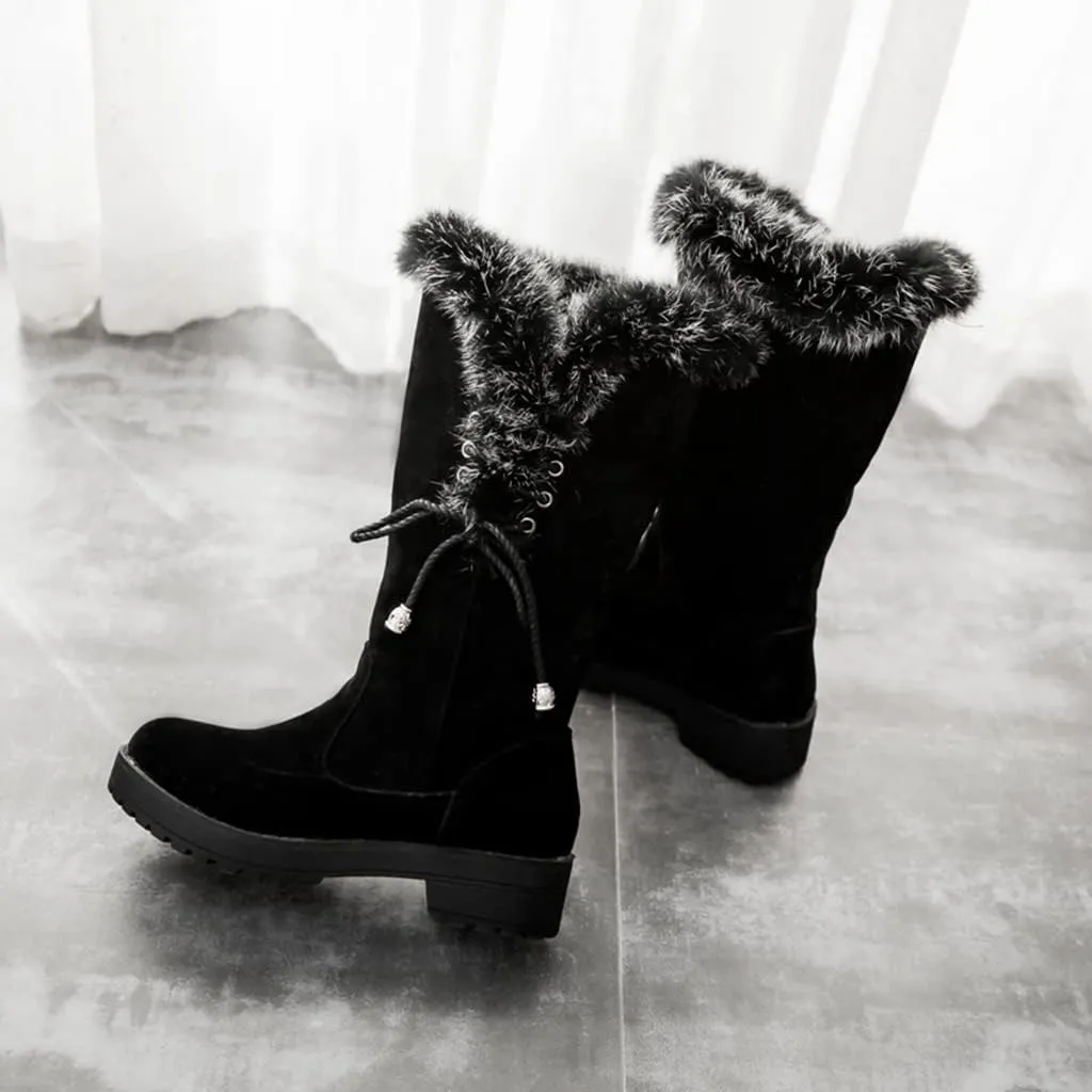 MIOKE Women's Winter Fur Mid Calf Snow Boots Waterproof Suede Buckle Slip On Platform Wide Warm Snow Boot