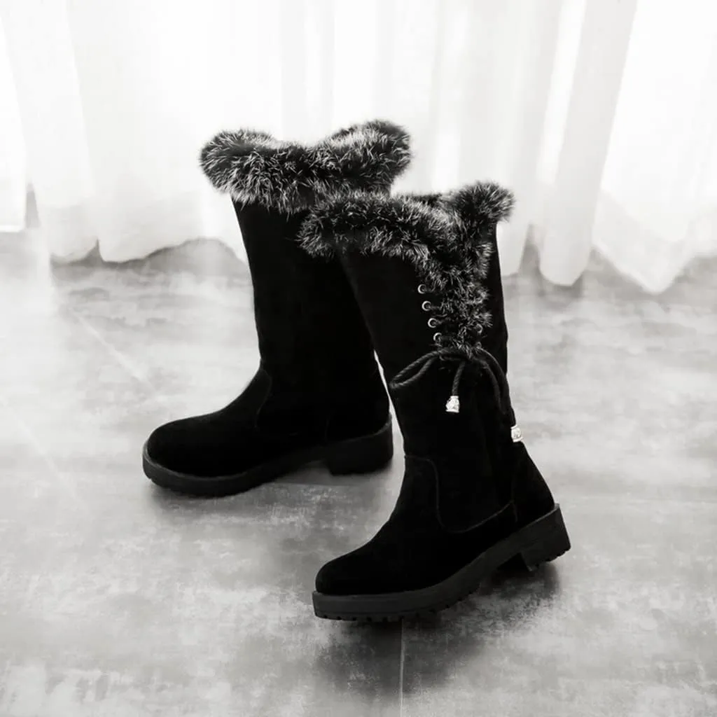 MIOKE Women's Winter Fur Mid Calf Snow Boots Waterproof Suede Buckle Slip On Platform Wide Warm Snow Boot