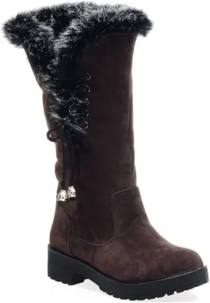 MIOKE Women's Winter Fur Mid Calf Snow Boots Waterproof Suede Buckle Slip On Platform Wide Warm Snow Boot