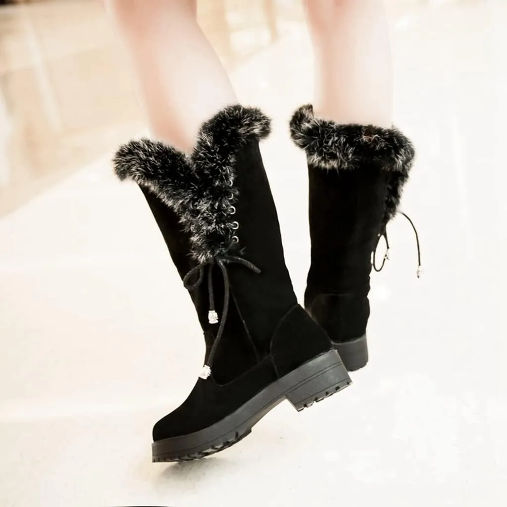 MIOKE Women's Winter Fur Mid Calf Snow Boots Waterproof Suede Buckle Slip On Platform Wide Warm Snow Boot