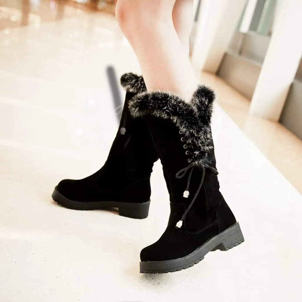 MIOKE Women's Winter Fur Mid Calf Snow Boots Waterproof Suede Buckle Slip On Platform Wide Warm Snow Boot