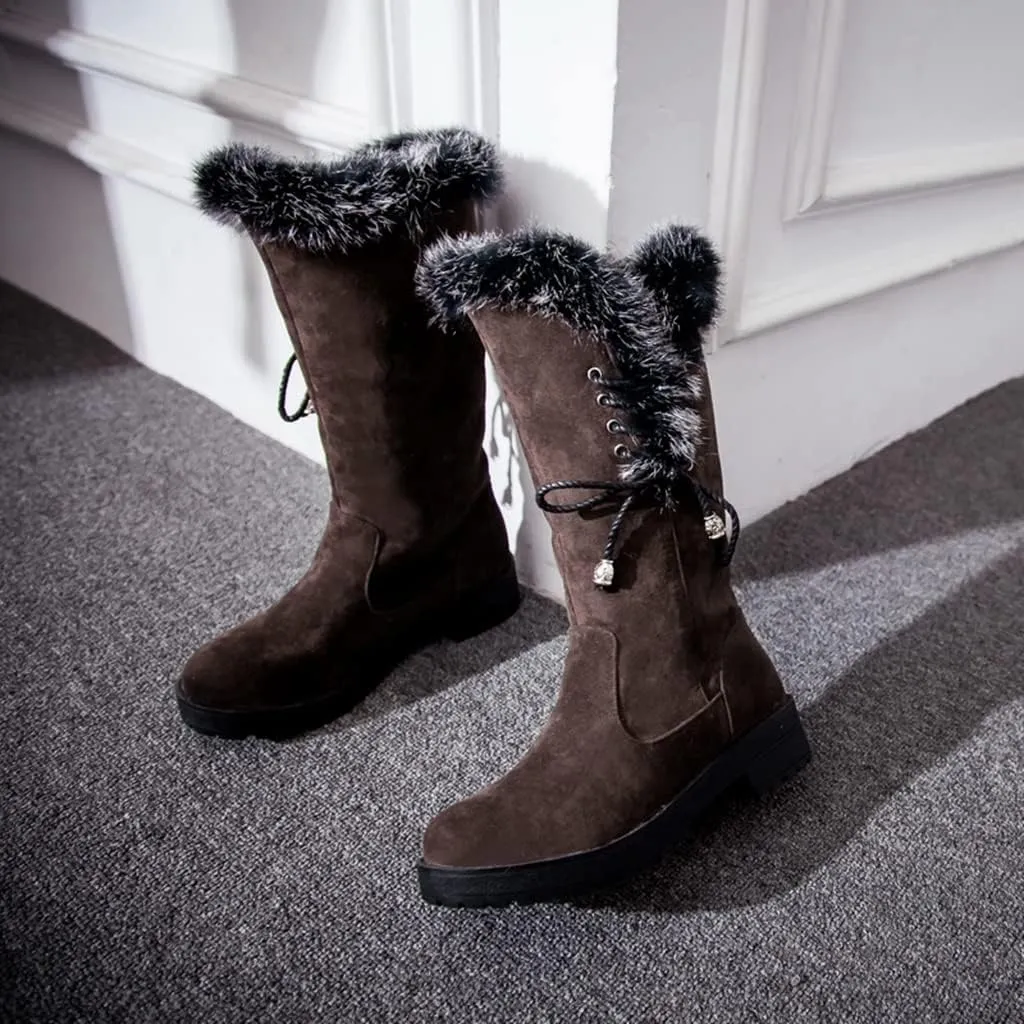 MIOKE Women's Winter Fur Mid Calf Snow Boots Waterproof Suede Buckle Slip On Platform Wide Warm Snow Boot