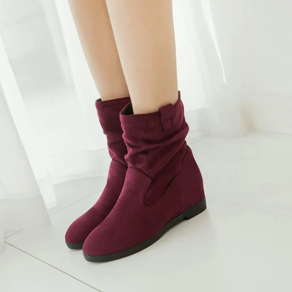 MIOKE Women's Winter Mid Calf Slouch Boots Round Toe Metallic Low Wedge Heel Fur Warm Wide Calf Dressy Boots