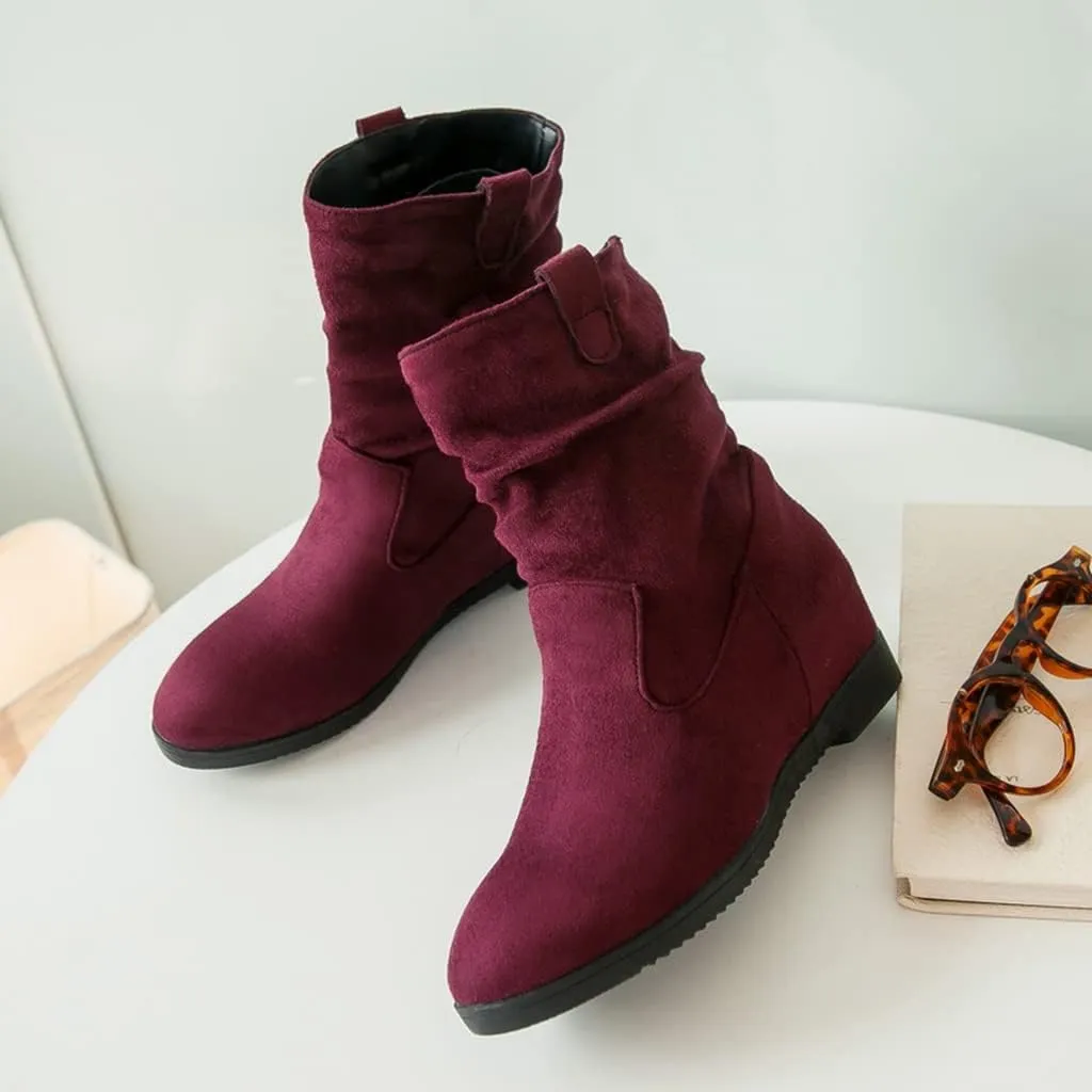 MIOKE Women's Winter Mid Calf Slouch Boots Round Toe Metallic Low Wedge Heel Fur Warm Wide Calf Dressy Boots