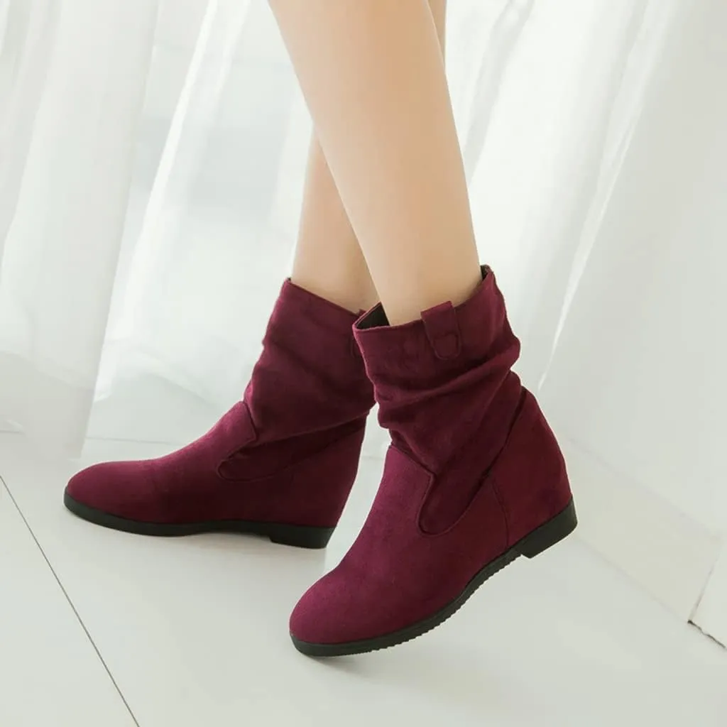 MIOKE Women's Winter Mid Calf Slouch Boots Round Toe Metallic Low Wedge Heel Fur Warm Wide Calf Dressy Boots