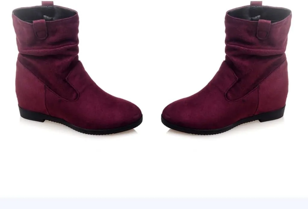 MIOKE Women's Winter Mid Calf Slouch Boots Round Toe Metallic Low Wedge Heel Fur Warm Wide Calf Dressy Boots