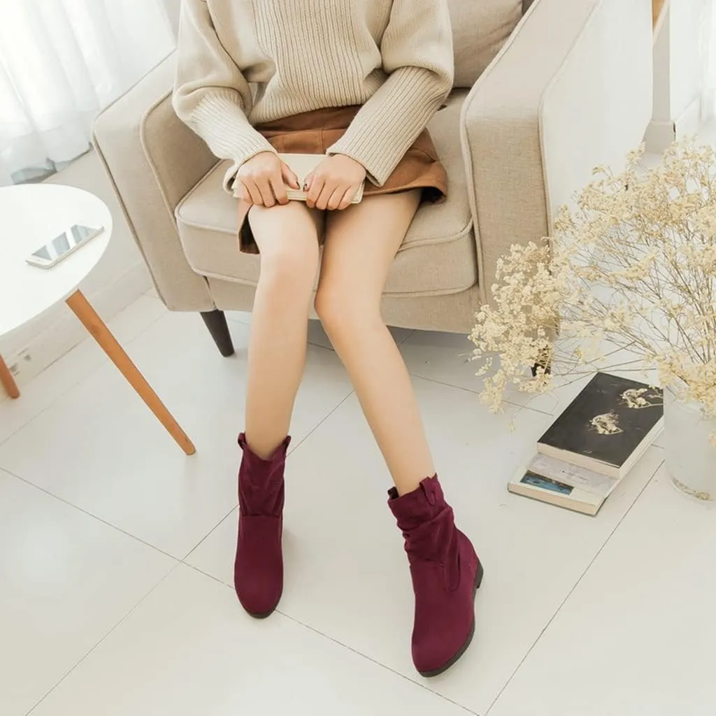 MIOKE Women's Winter Mid Calf Slouch Boots Round Toe Metallic Low Wedge Heel Fur Warm Wide Calf Dressy Boots