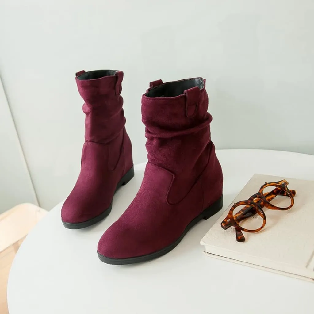 MIOKE Women's Winter Mid Calf Slouch Boots Round Toe Metallic Low Wedge Heel Fur Warm Wide Calf Dressy Boots