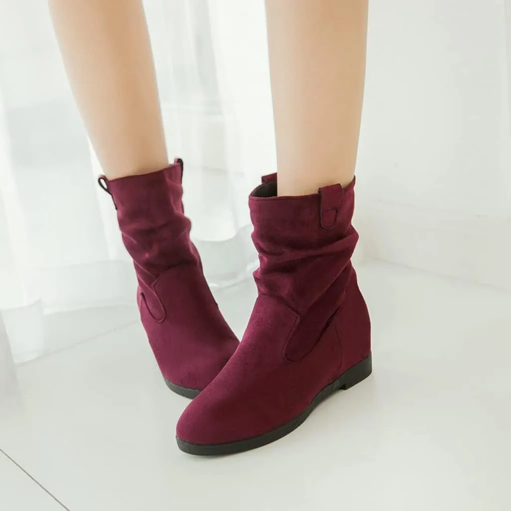 MIOKE Women's Winter Mid Calf Slouch Boots Round Toe Metallic Low Wedge Heel Fur Warm Wide Calf Dressy Boots