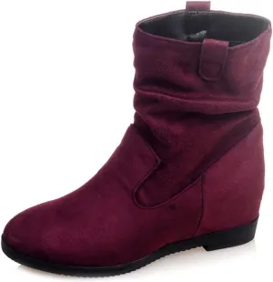 MIOKE Women's Winter Mid Calf Slouch Boots Round Toe Metallic Low Wedge Heel Fur Warm Wide Calf Dressy Boots