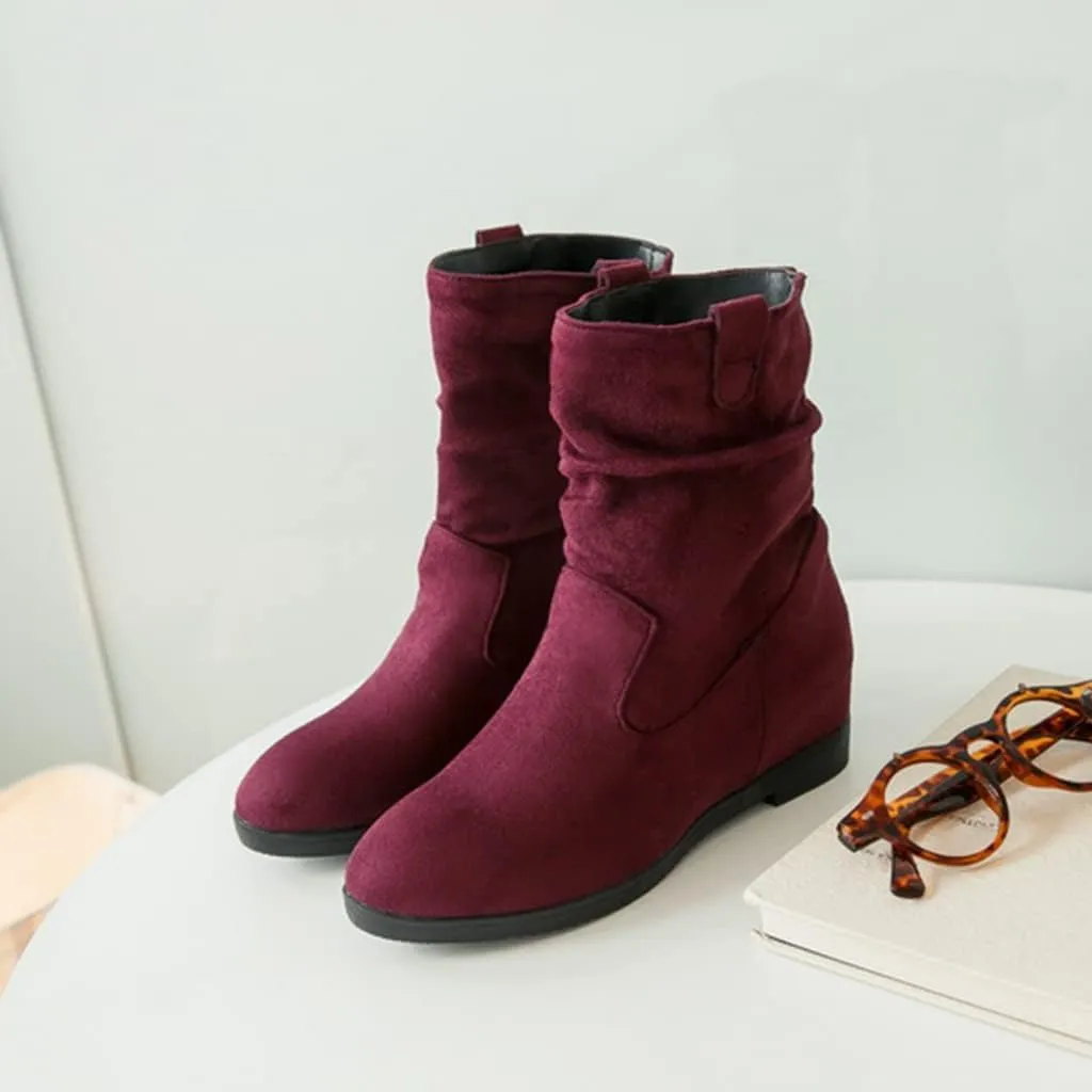 MIOKE Women's Winter Mid Calf Slouch Boots Round Toe Metallic Low Wedge Heel Fur Warm Wide Calf Dressy Boots