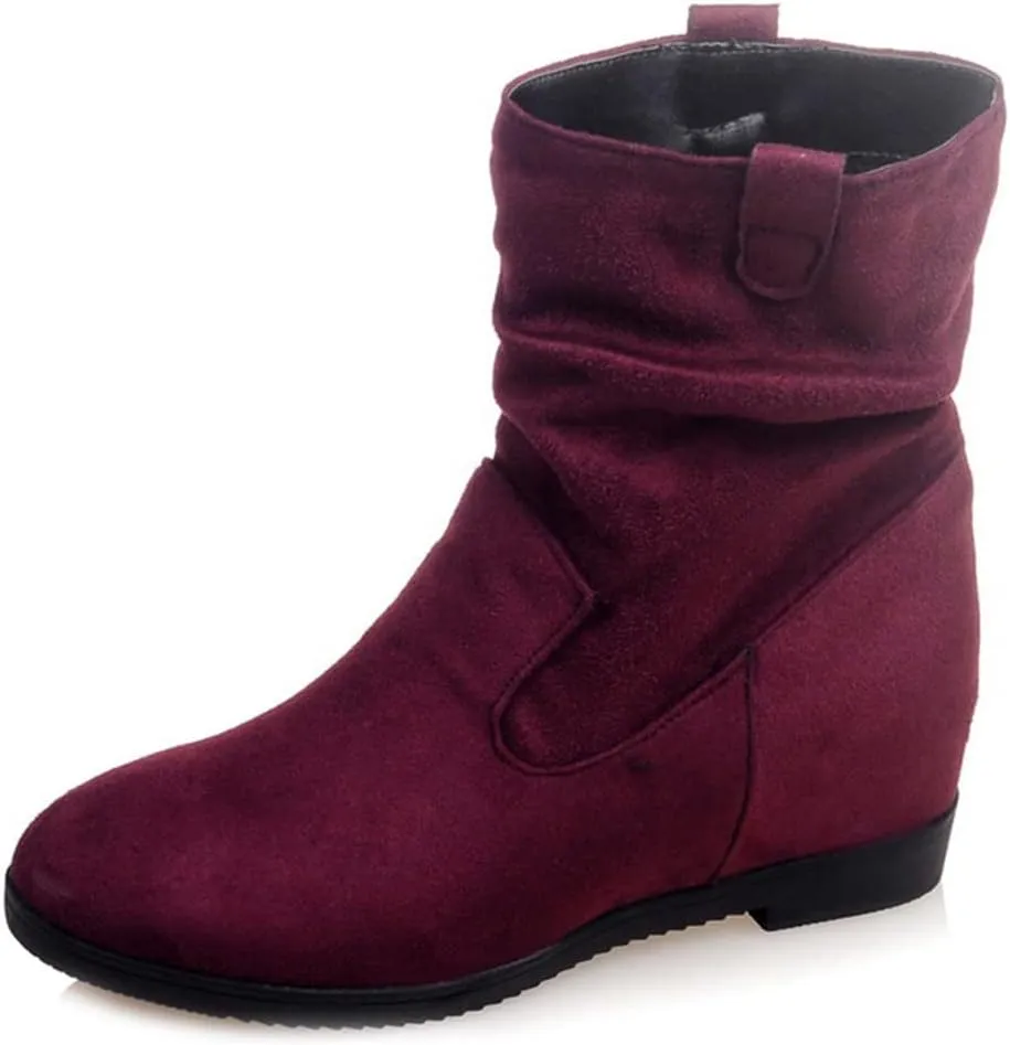 MIOKE Women's Winter Mid Calf Slouch Boots Round Toe Metallic Low Wedge Heel Fur Warm Wide Calf Dressy Boots