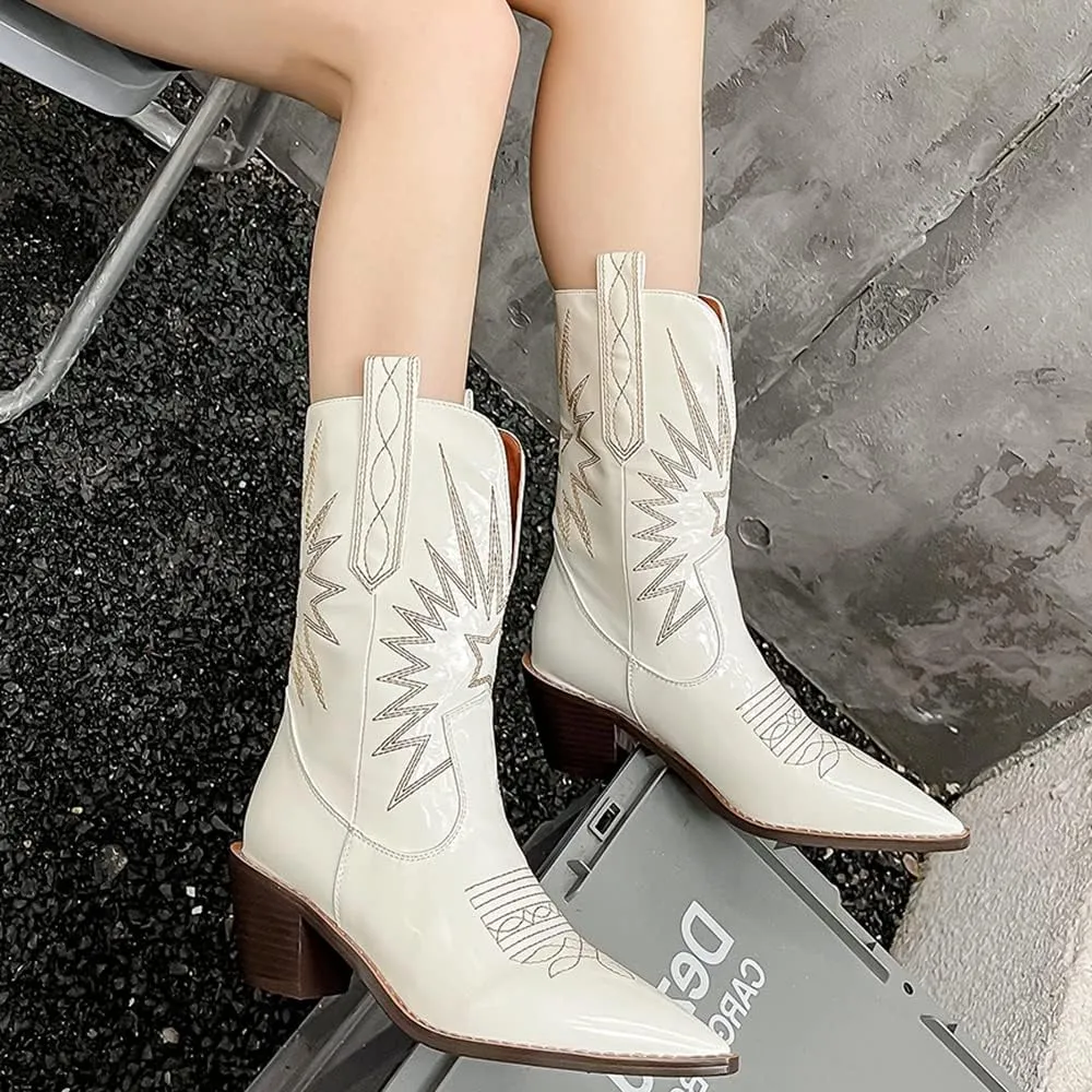 MOOMMO Women Chunky Heel Cowboy Calf Boots Patent Embroidered Mid Calf Western Boots Pointed Toe Cowgirl Booties Wide Calf 3 Inch Mid Block Heel Short Boots Party Vintage Fashion 4-11 M US
