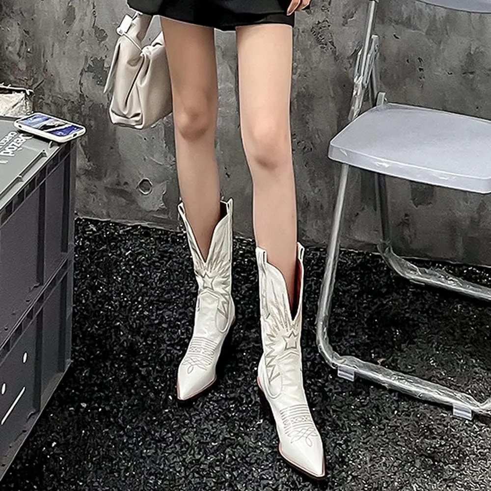 MOOMMO Women Chunky Heel Cowboy Calf Boots Patent Embroidered Mid Calf Western Boots Pointed Toe Cowgirl Booties Wide Calf 3 Inch Mid Block Heel Short Boots Party Vintage Fashion 4-11 M US