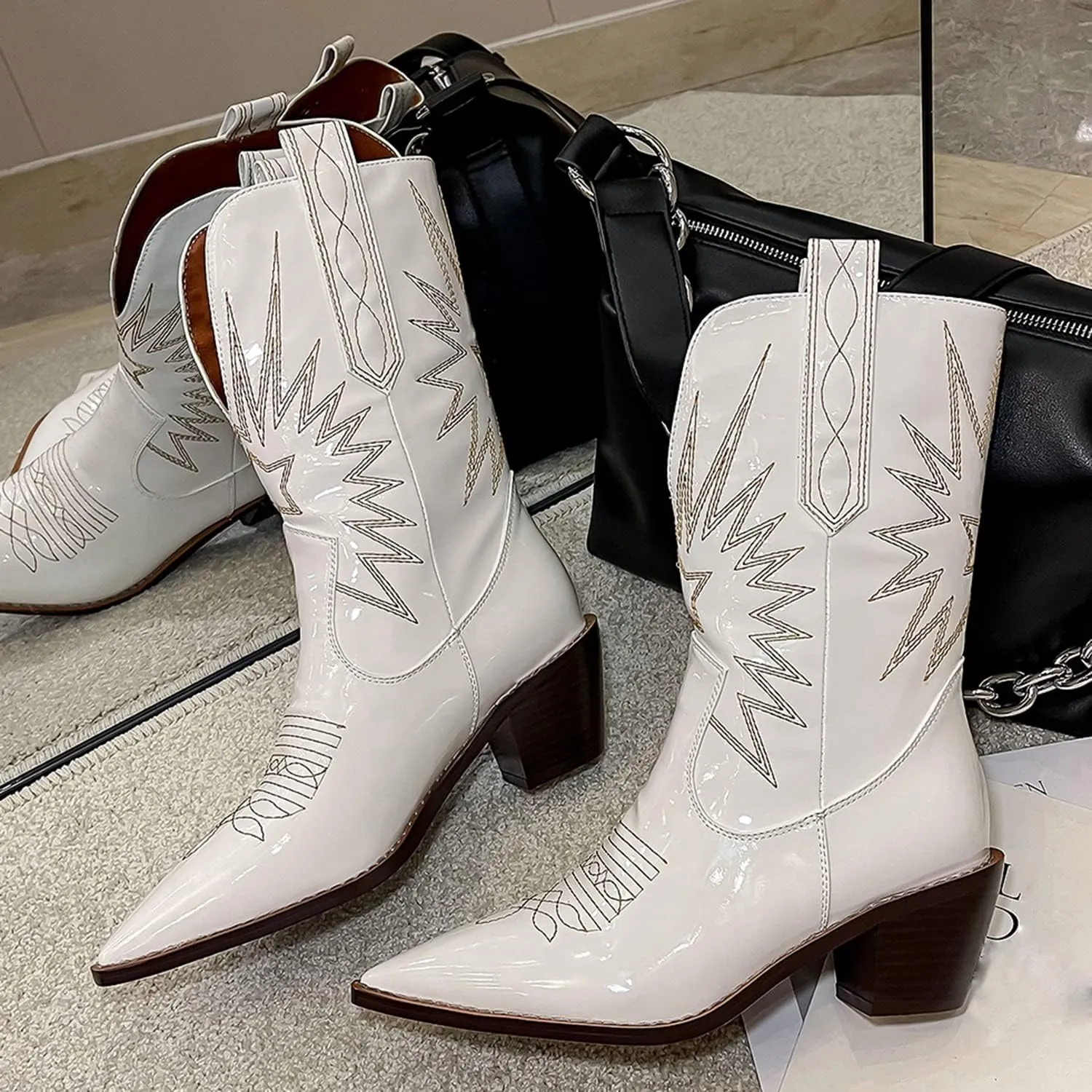 MOOMMO Women Chunky Heel Cowboy Calf Boots Patent Embroidered Mid Calf Western Boots Pointed Toe Cowgirl Booties Wide Calf 3 Inch Mid Block Heel Short Boots Party Vintage Fashion 4-11 M US