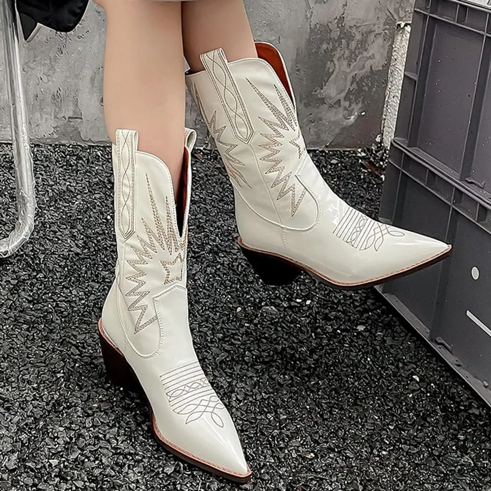 MOOMMO Women Chunky Heel Cowboy Calf Boots Patent Embroidered Mid Calf Western Boots Pointed Toe Cowgirl Booties Wide Calf 3 Inch Mid Block Heel Short Boots Party Vintage Fashion 4-11 M US