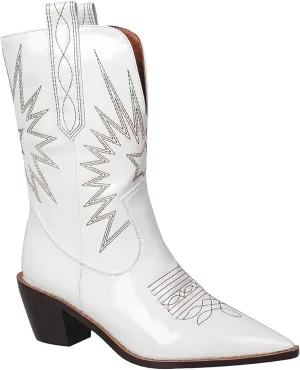 MOOMMO Women Chunky Heel Cowboy Calf Boots Patent Embroidered Mid Calf Western Boots Pointed Toe Cowgirl Booties Wide Calf 3 Inch Mid Block Heel Short Boots Party Vintage Fashion 4-11 M US