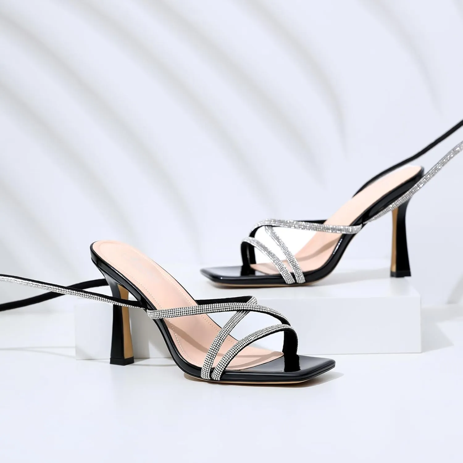 Mostrin Womens Sandals Strappy Heels for Women Lace Up Square Open Toe Heels Tie Up High Heeled Sandals for Prom, Party, Daily Wear