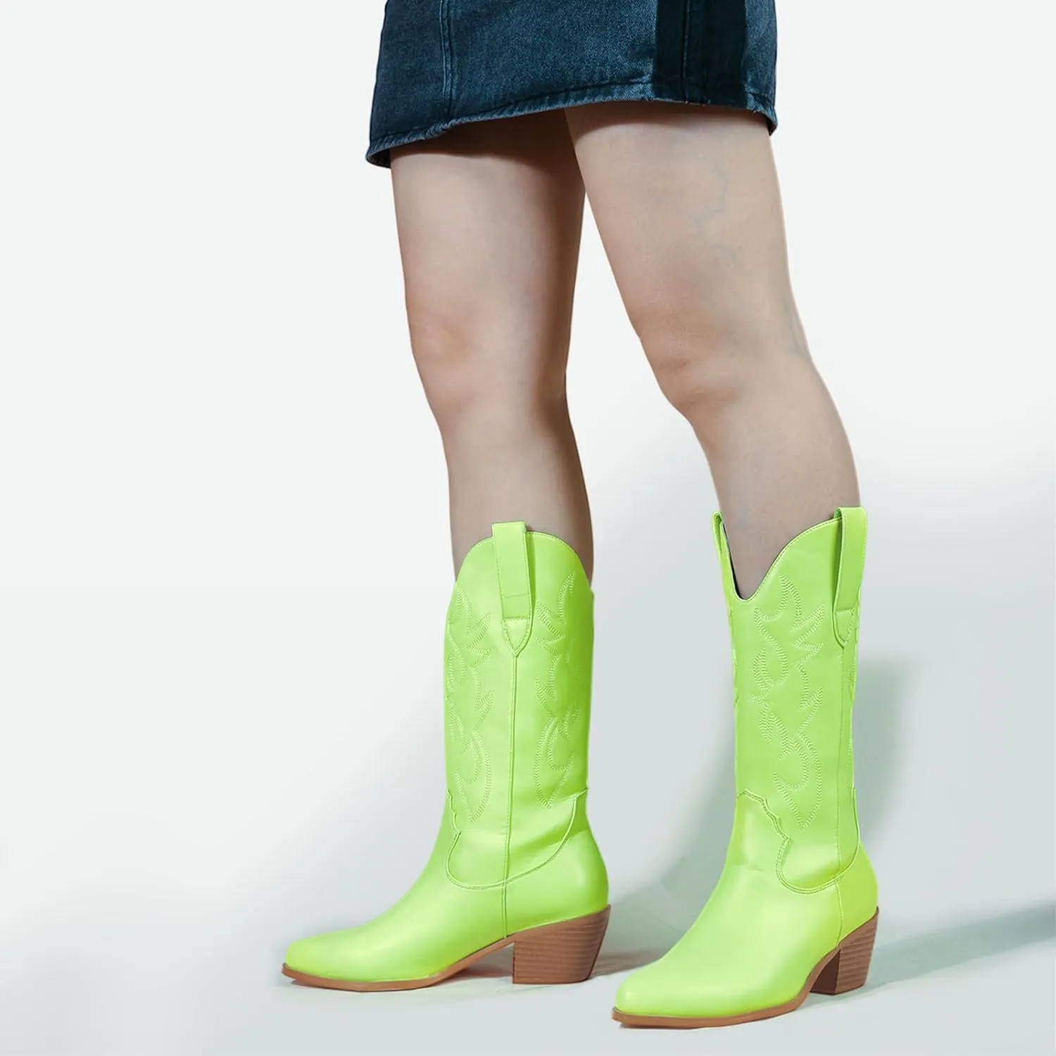 MUCCCUTE Cowboy Boots for Women Cowgirl Boots Wide Calf Pointed Toe Embroidered Fashion Western Chunky Pull On