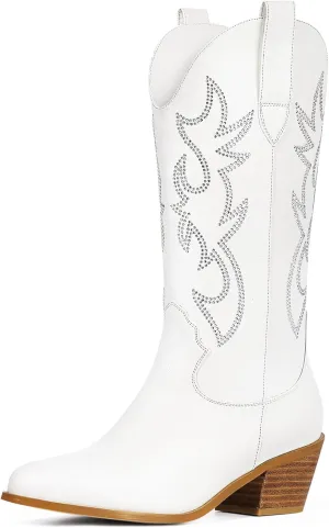 MUCCCUTE Cowboy Boots for Women Cowgirl Boots Wide Calf Pointed Toe Embroidered Fashion Western Chunky Pull On