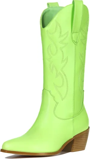 MUCCCUTE Cowboy Boots for Women Cowgirl Boots Wide Calf Pointed Toe Embroidered Fashion Western Chunky Pull On