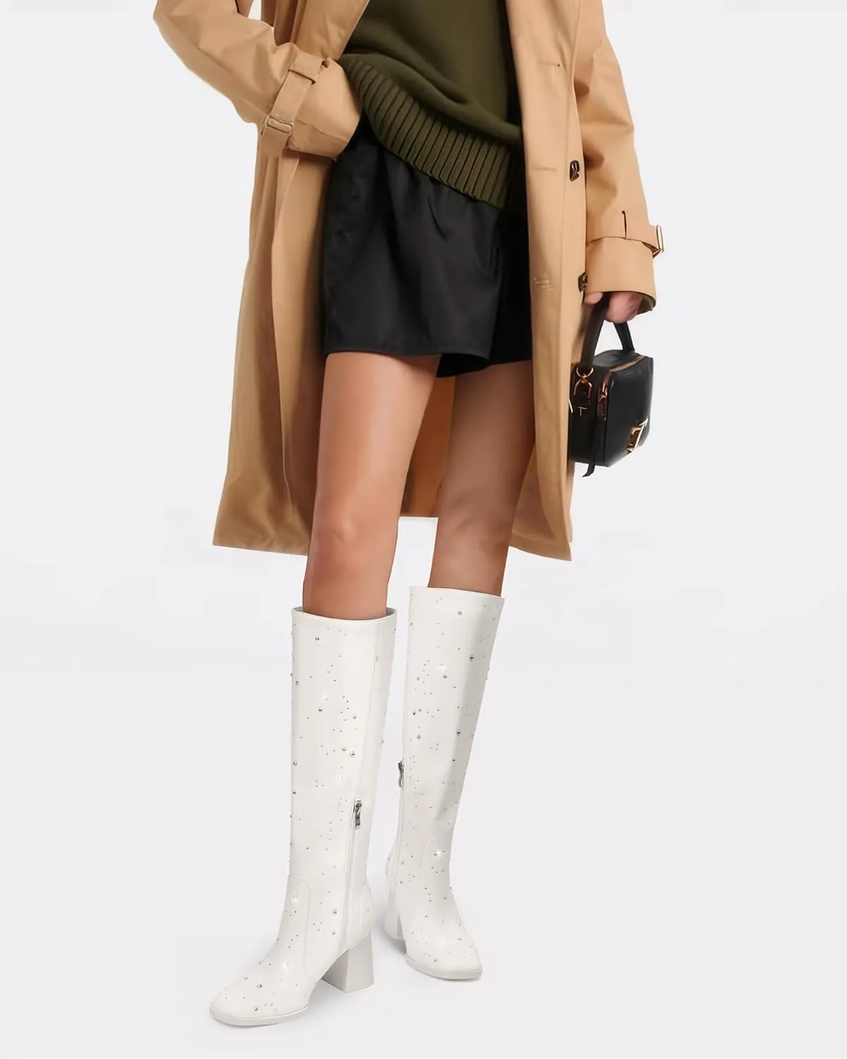 MUCCCUTE Knee High Boots for Women Square Toe Chunky Heel Side Zipper Rhinestone Sparkly Fashion Tall Long Boots for Ladies