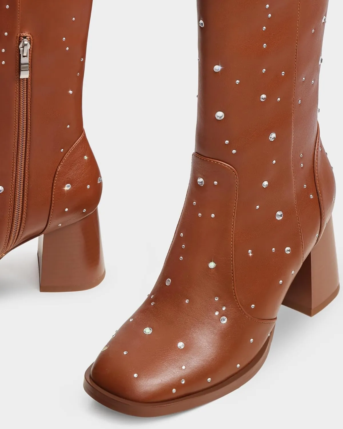 MUCCCUTE Knee High Boots for Women Square Toe Chunky Heel Side Zipper Rhinestone Sparkly Fashion Tall Long Boots for Ladies