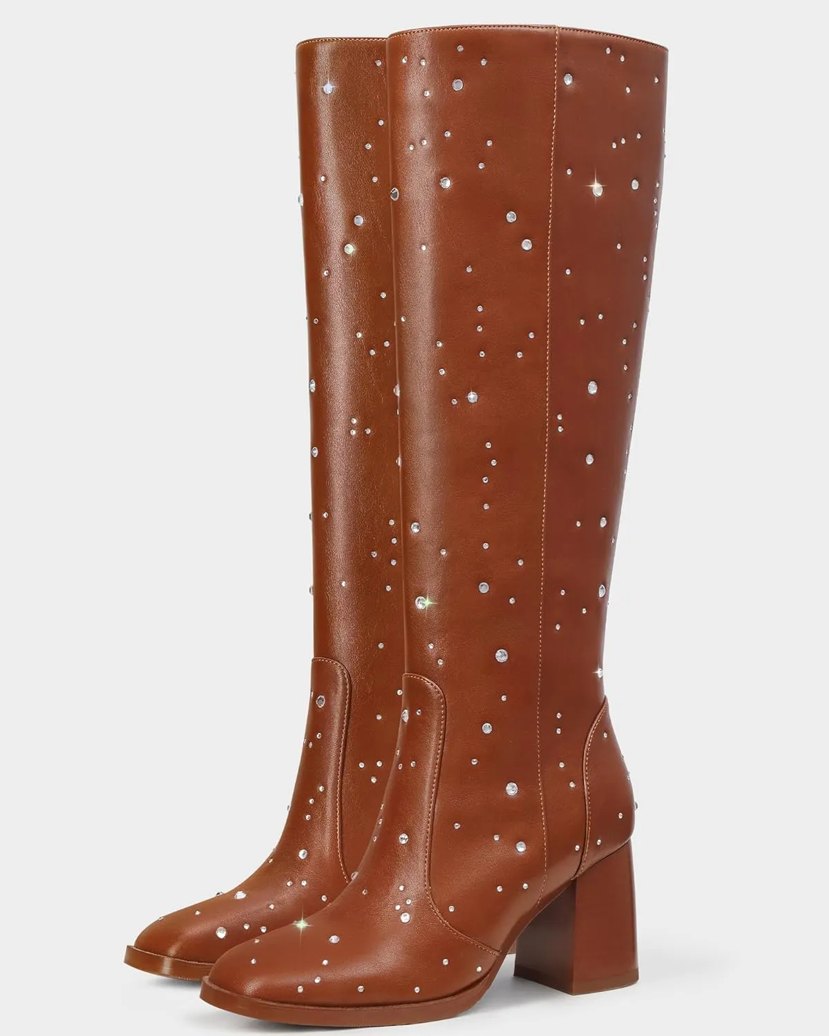 MUCCCUTE Knee High Boots for Women Square Toe Chunky Heel Side Zipper Rhinestone Sparkly Fashion Tall Long Boots for Ladies