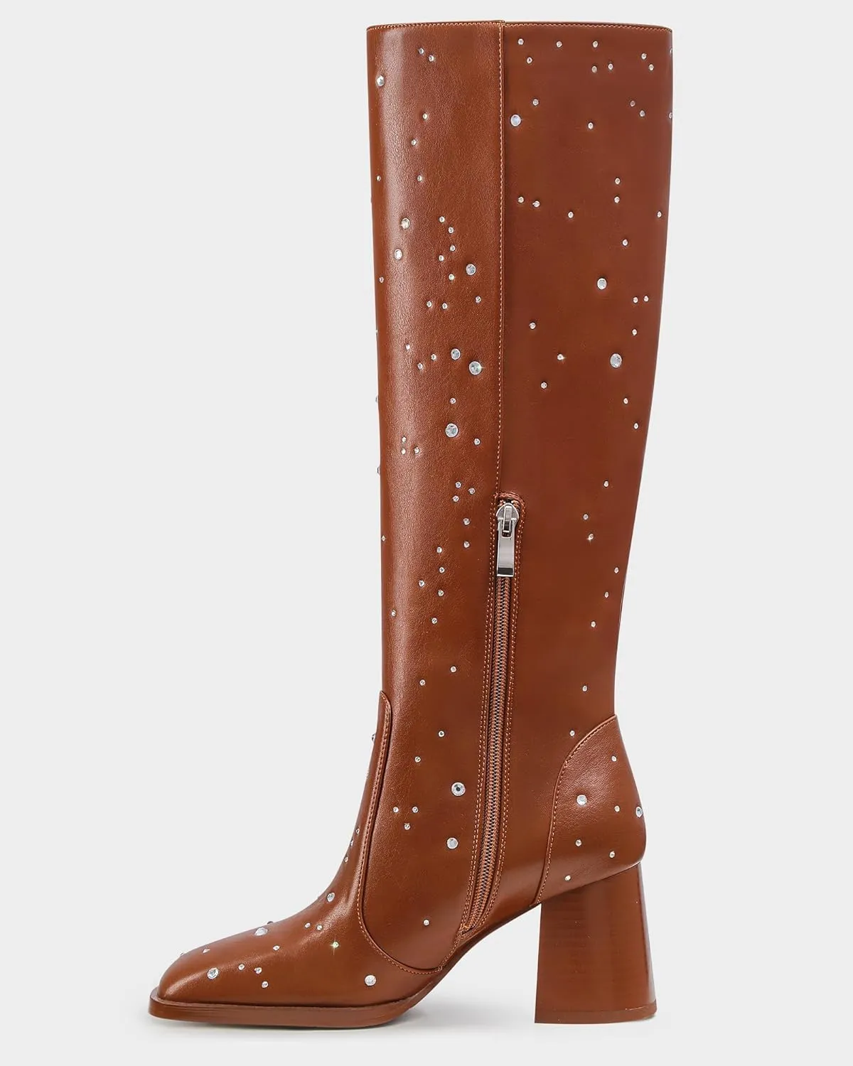 MUCCCUTE Knee High Boots for Women Square Toe Chunky Heel Side Zipper Rhinestone Sparkly Fashion Tall Long Boots for Ladies