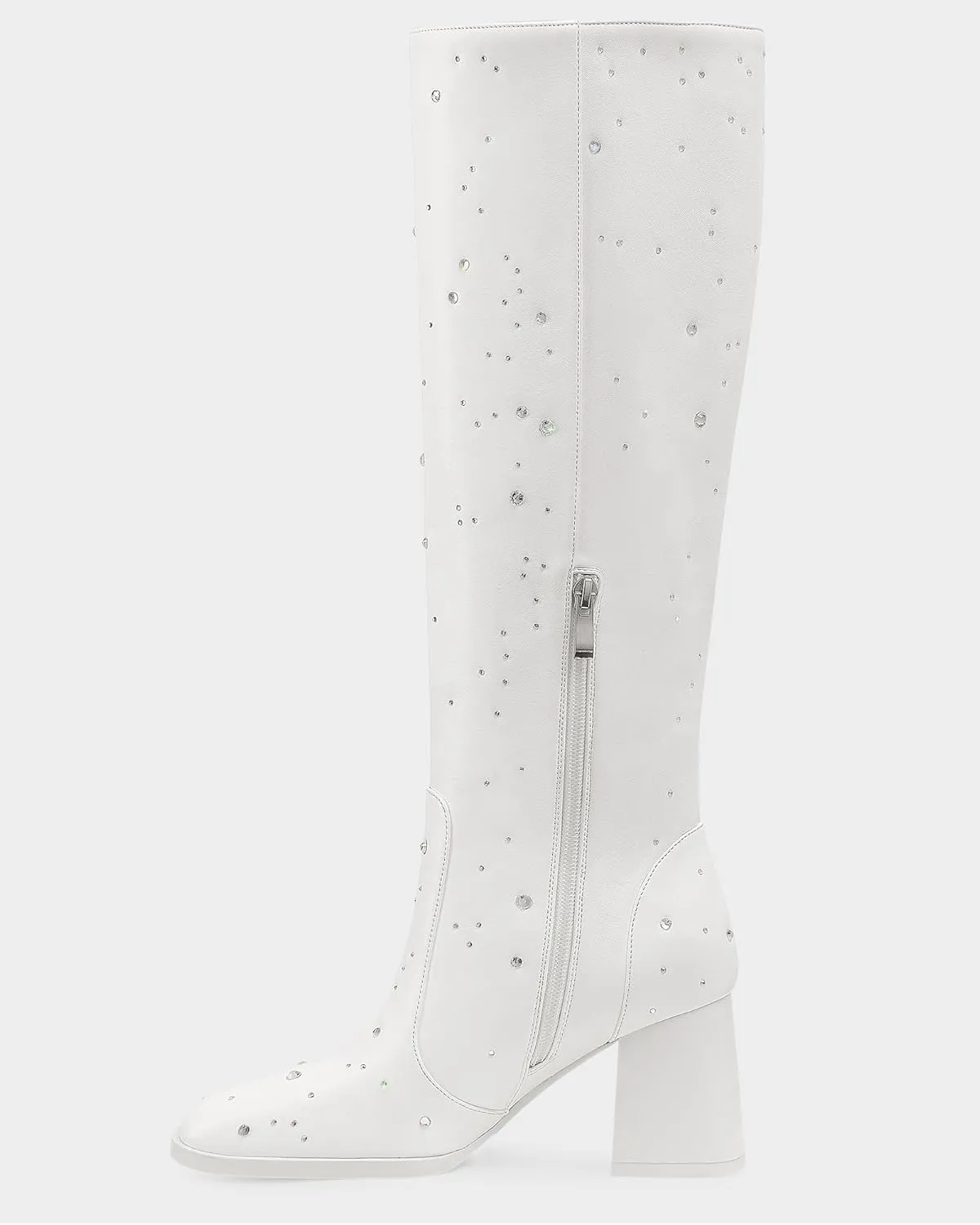 MUCCCUTE Knee High Boots for Women Square Toe Chunky Heel Side Zipper Rhinestone Sparkly Fashion Tall Long Boots for Ladies