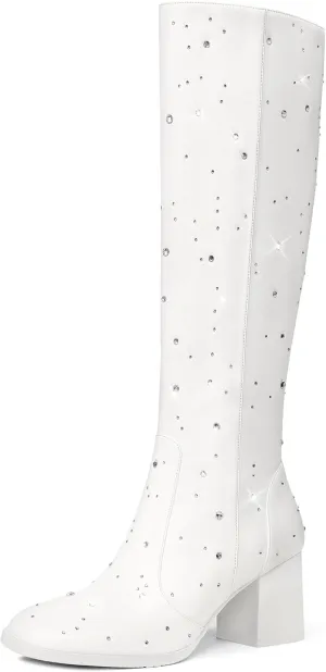 MUCCCUTE Knee High Boots for Women Square Toe Chunky Heel Side Zipper Rhinestone Sparkly Fashion Tall Long Boots for Ladies