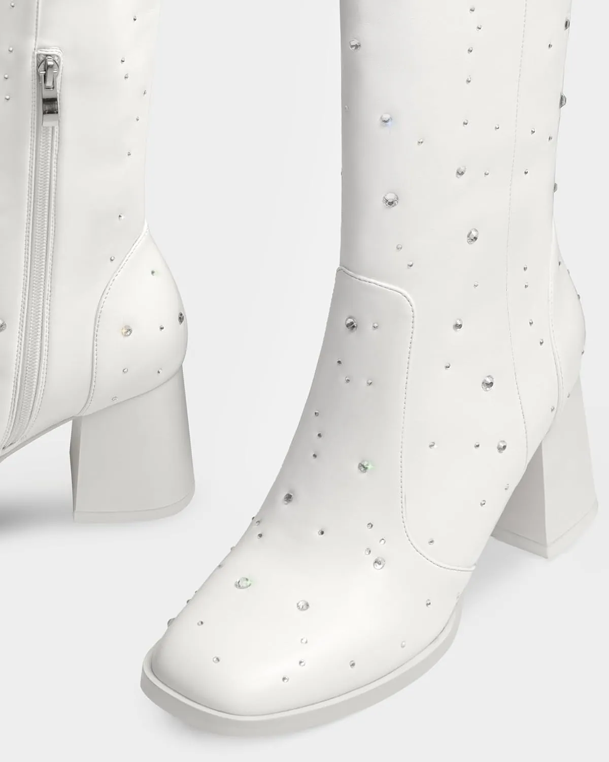 MUCCCUTE Knee High Boots for Women Square Toe Chunky Heel Side Zipper Rhinestone Sparkly Fashion Tall Long Boots for Ladies